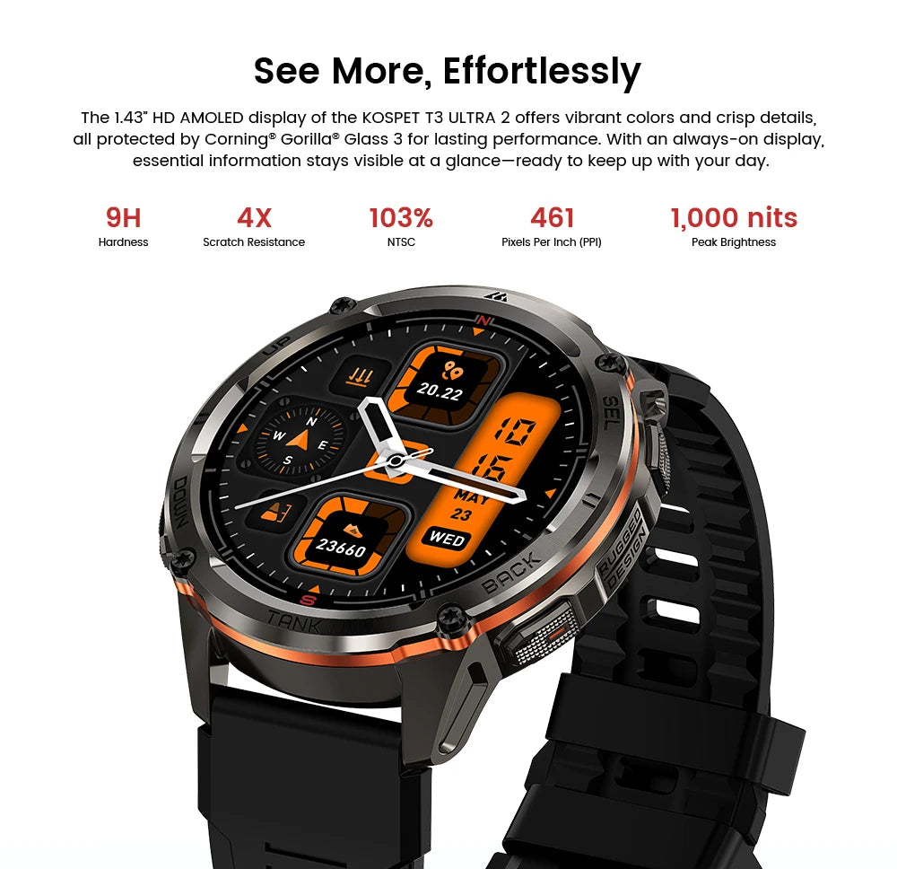 KOSPET TANK T3 Ultra 2 GPS Smart Watch for Men Bluetooth Call/5ATM IP69K Waterproof Men's Watch Stainless Steel Health Monitor