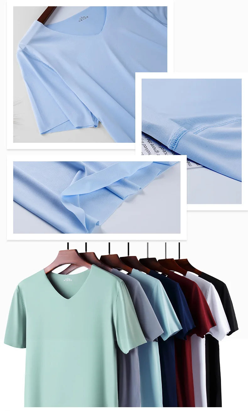 Ice Silk Men T-shirts Summer Seamless Sport Underwear Casual V-neck/Thin T-shirts Quick Dry Shirt Tops Bottoming Shirt for Men