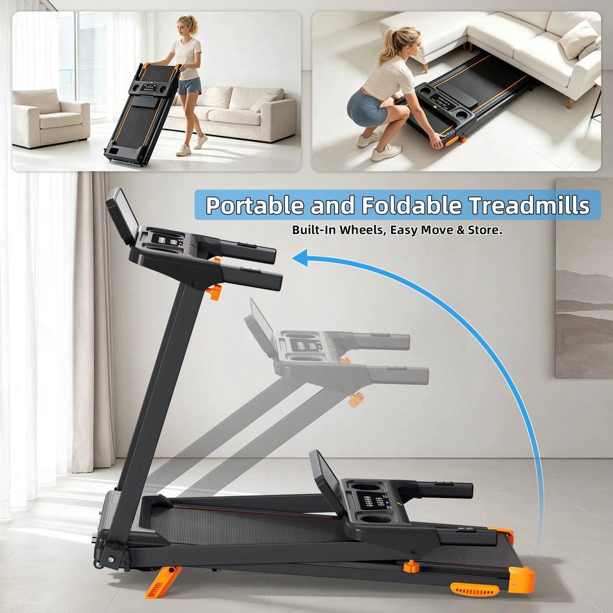Folding Treadmill 12 Percent Incline 3.0HP Low Noise Motor Under 45Db/300LBS Weight Capacity 5 Layer Anti Slip Shock Absorbing