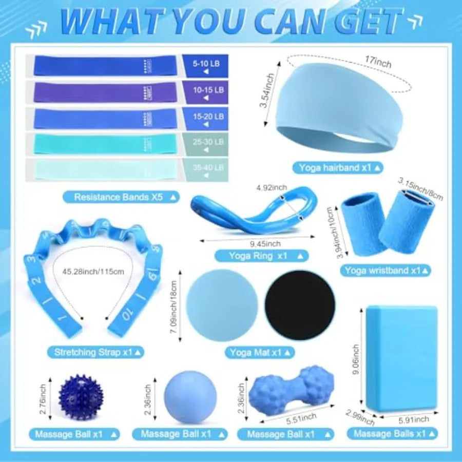 24 Pcs Home Pilates Essentials Kit for Women with Ring Ball Set/Stretching Strap Water Bottle Magic Circle Yoga Ring Gym Bag