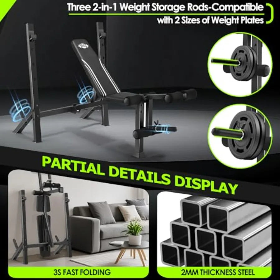 900LBS Weight Bench Set with Squat Rack Adjustable Bench Press/Bench with Leg Extension & Leg Curl, Incline Decline Flat Foldable