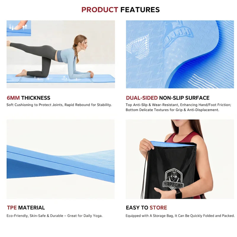 HAPBEAR Foldable Yoga Mat - 72"x24"x0.24" (6mm), Non-Slip/TPE Exercise Mat for Home Workout Yoga Pilates Stretching