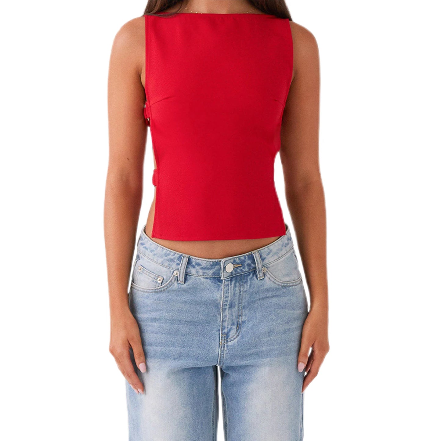 Women s Sleeveless Boat Neck Tank Tops/with Side Buckle Detail Solid Color Fit Vest for Summer Style