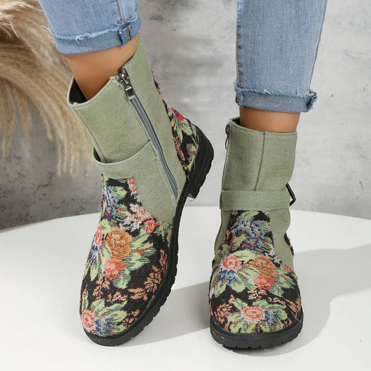Winter Boots Women Leather Boots/Autumn Winter Embroidered Flower Vintage Belt Buckle