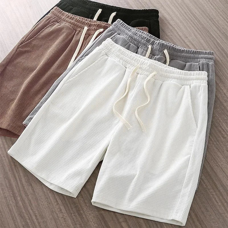 Men Shorts Solid Color Mid Waist Summer Motion Waffle Texture/Deep Crotch Drawstring Male Shorts Loose Knee Length Casual Short