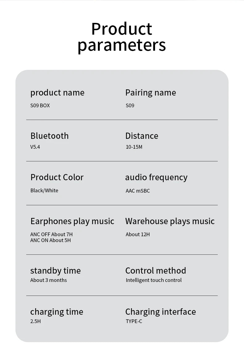 MZYMI S09 Wireless Earphone Bluetooth5.4 Active Noise Cancelling/ Touch Control Headphone Support TF Card In Ear Earbud With Mic