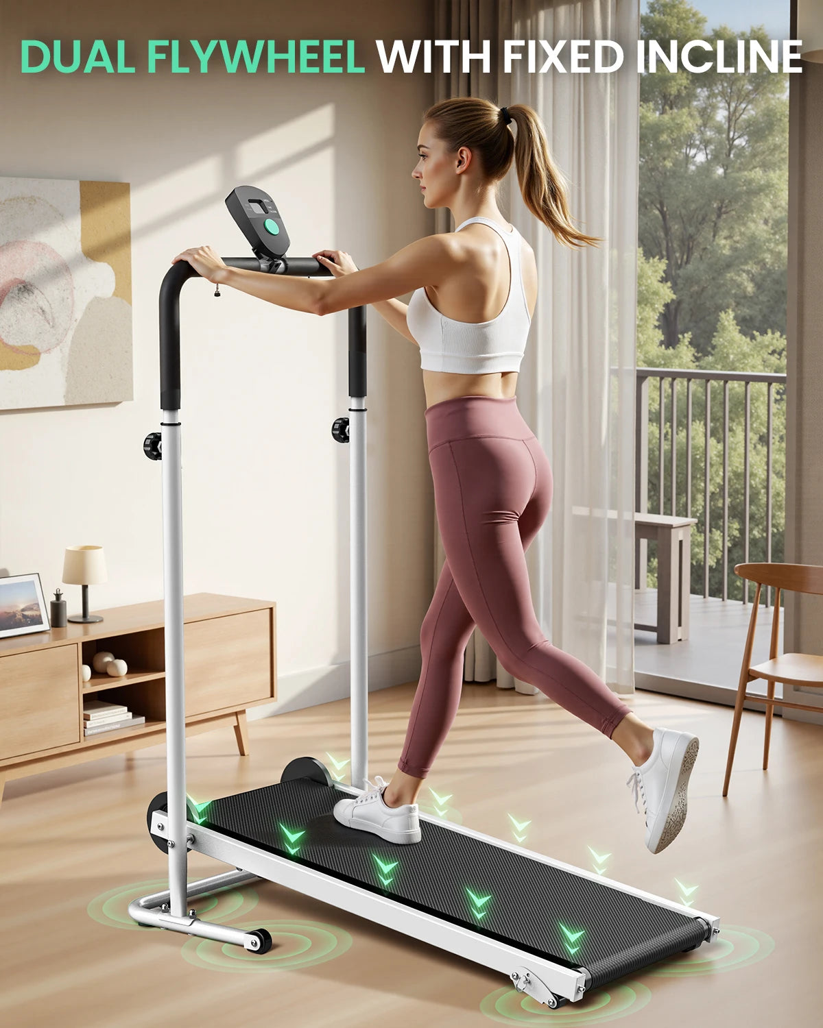 AKLUER Foldable Compact Non-Electric Treadmill/Dual Flywheel & Fixed Incline LCD Monitor, Non-Slip Belt, Soft Foam Grips for Home Gym