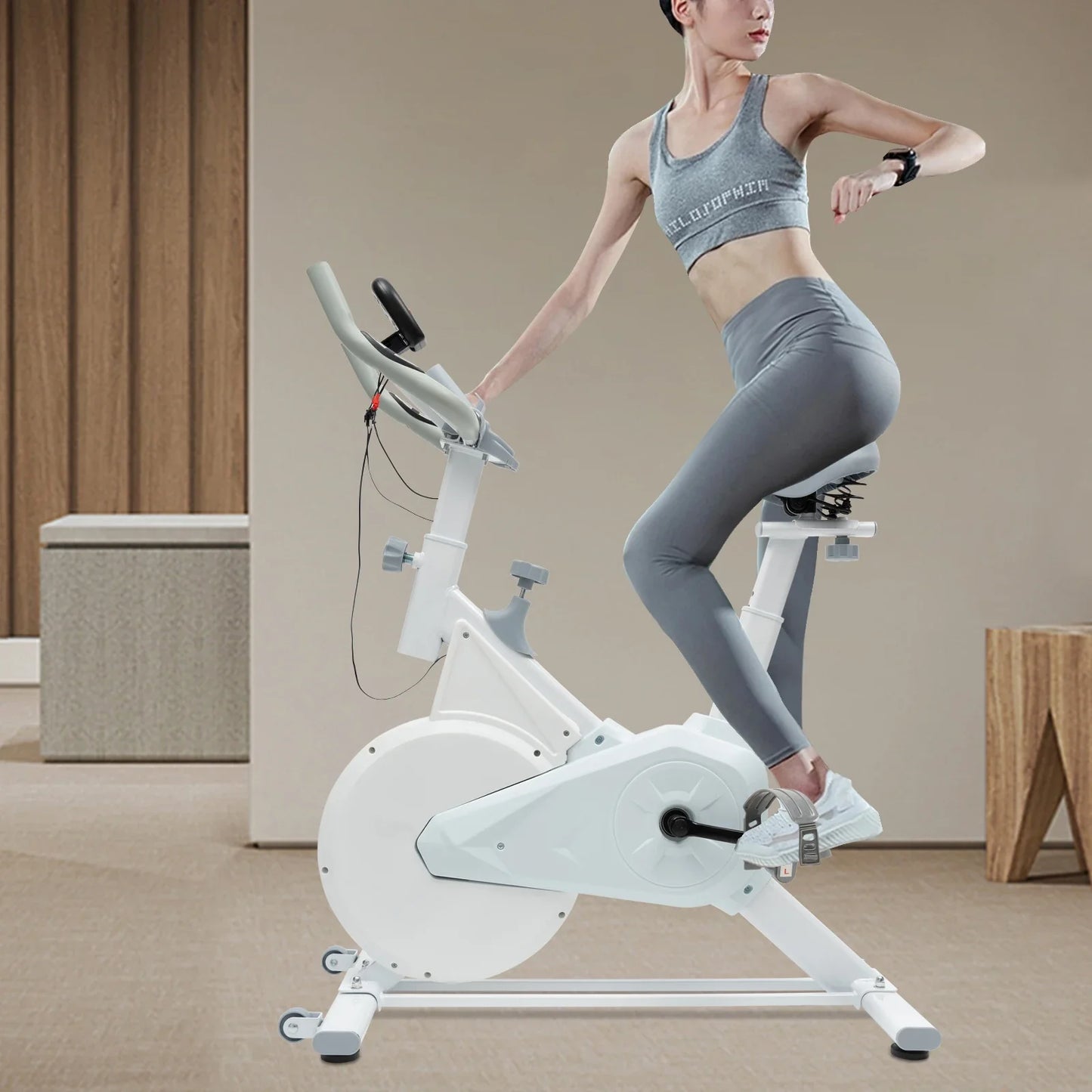 Indoor Fitness Bike White Exercise Bike Wool Pad Silent Braking/Adjustable Seat/Handle LCD Display, 80kg Capacity
