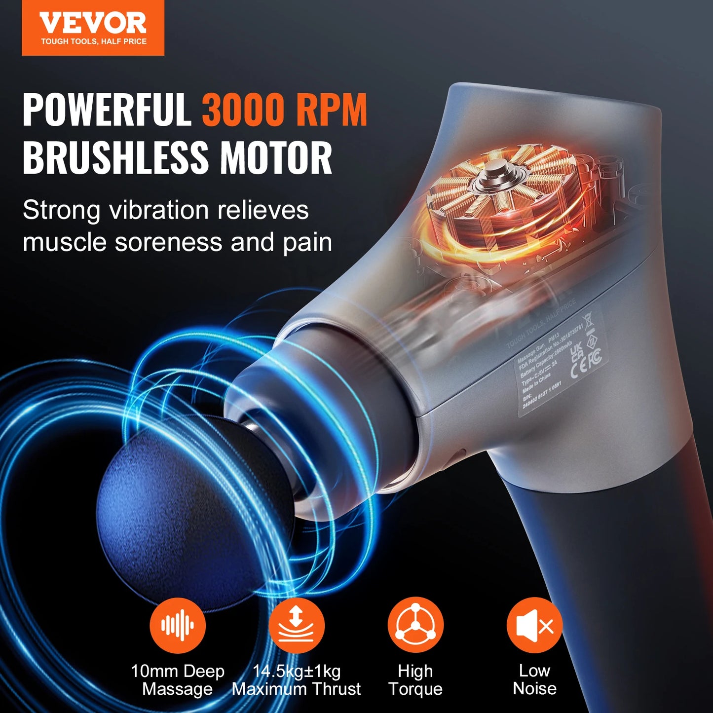 VEVOR Massage Gun Deep Tissue Percussion Muscle Massage Gun/with 6 Speed Levels & 4 Massage Heads 12V 2500m Massage Gun