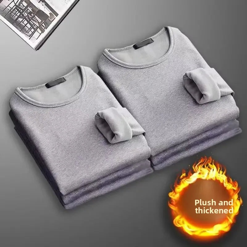 Men's Long Sleeve Thermal Underwear Fleece Lined Thick T-Shirt/round Neck Slim Fit Base Shirt Pure Color Inner Wear Autumn Top