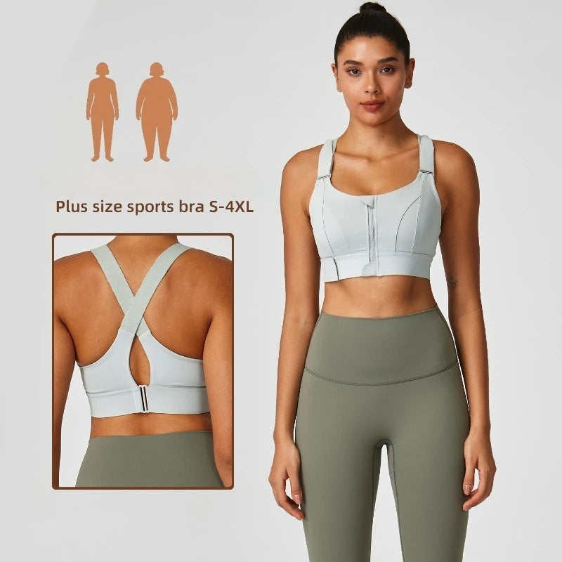 Large size sports lingerie women's shock-proof high-strength/front zipper Velcro fitness running fixed cup yoga bra