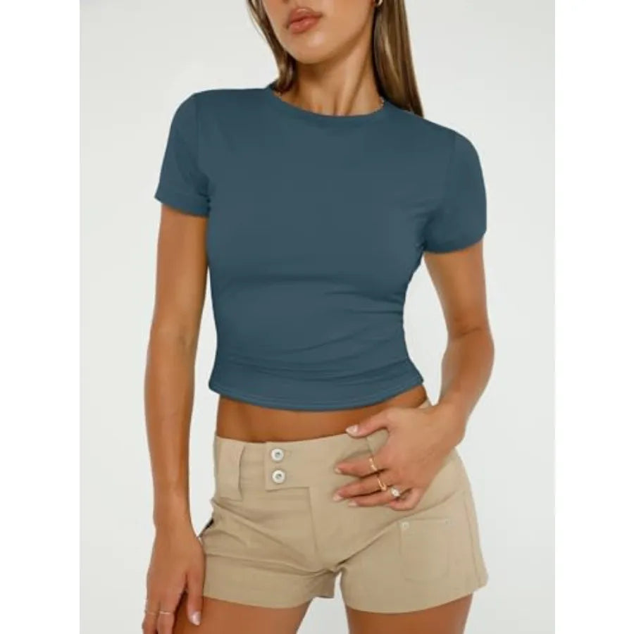 Women's 3 Pcs Short Sleeve Shirts Basic Going Out/Slim Fitted Crop Tops 2026 Summer Y2k Spring Clothes