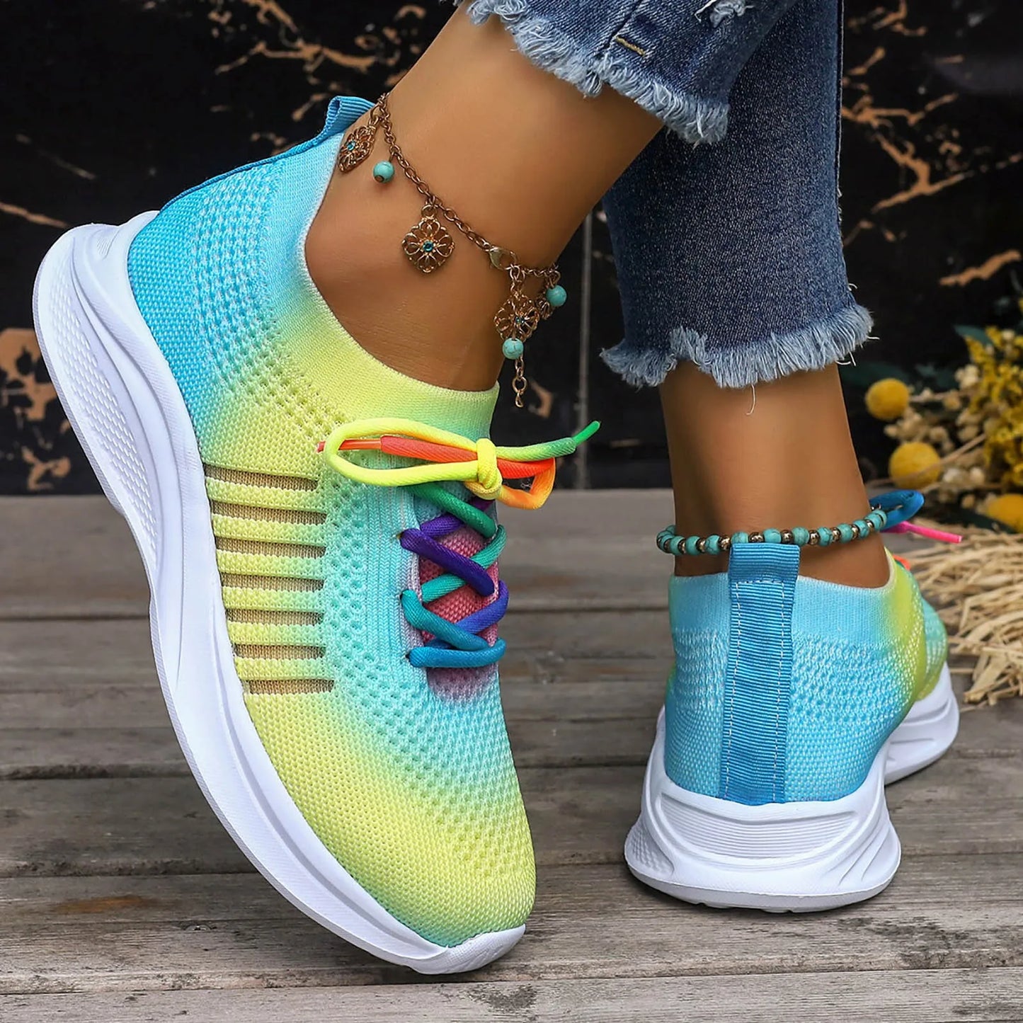 Casual Knitting Socks Shoes Ladies Bright Color Mesh/Sports Front Lace Up New Lightweight Running Sneaker For Women