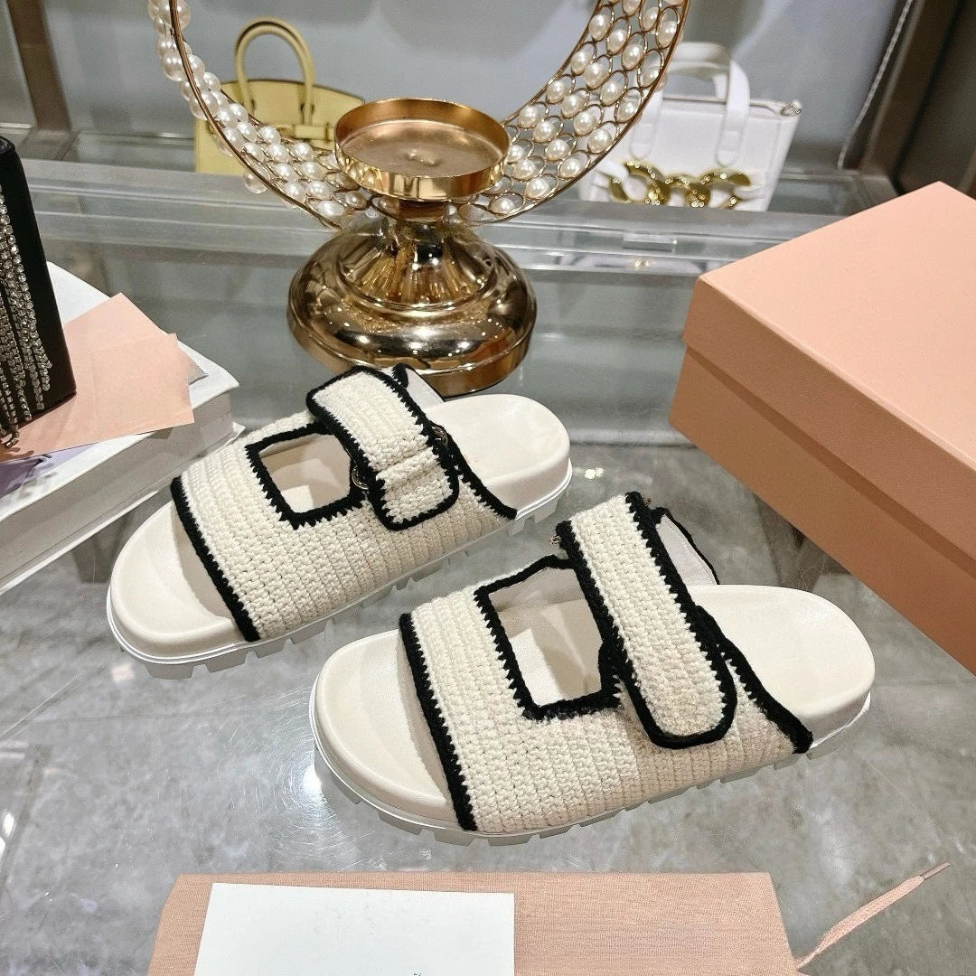 Summer New Women's Woven Fabric Flat Sandals Open Toe/Single Strap Slide Sandals Thick Sole Casual Outdoor Beach Shoes