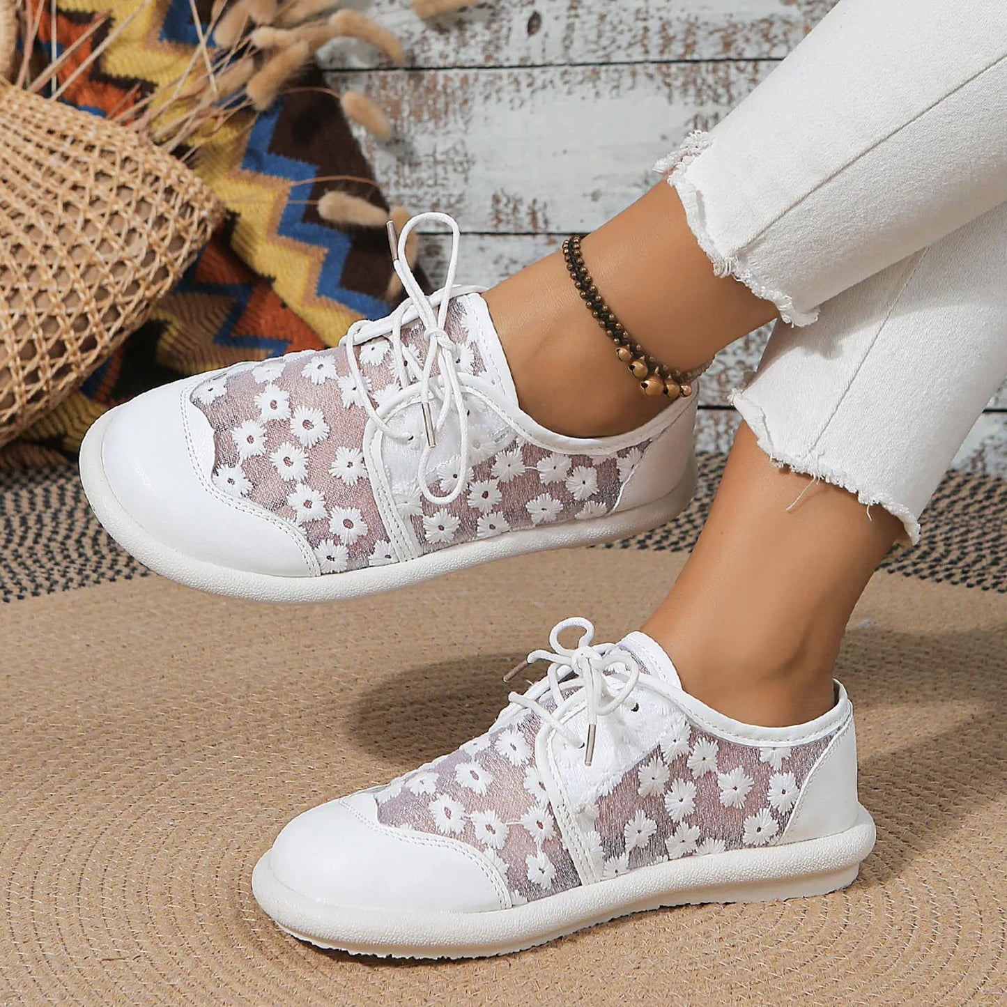 Sneakers For Women Clearance 2024 Ladies Casual Flower Lace/Breathable Soft Bottom Flat Women's Sports Shoes