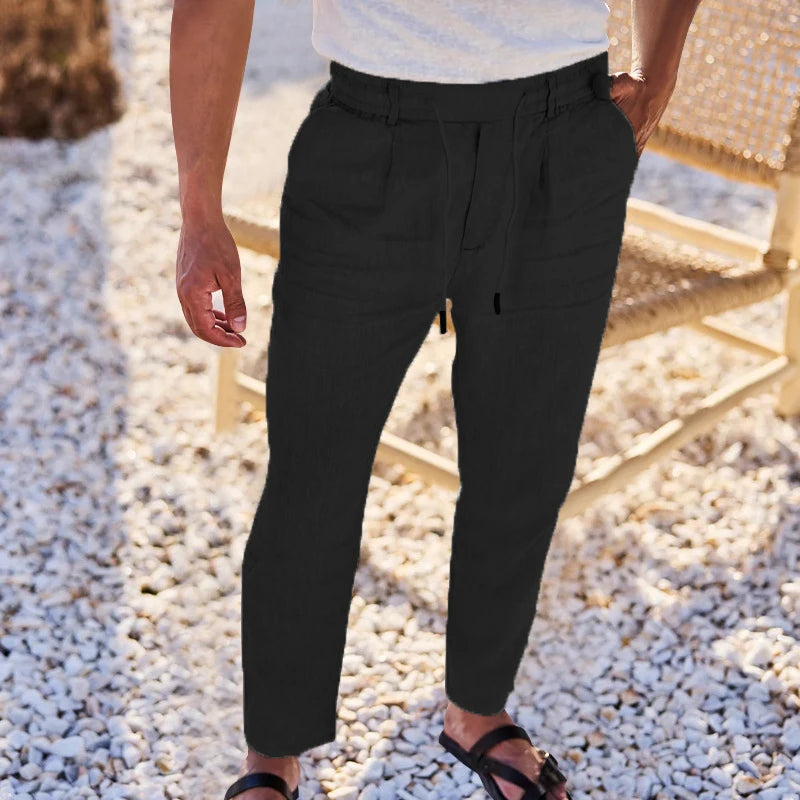 Men s Lightweight Linen Trousers with Adjustable Drawstring/Waistband and Straight Leg Design for Comfortable Summer Wear