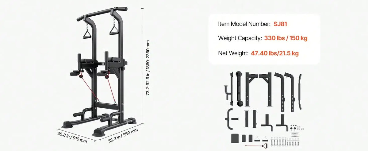 Pull Up Bar, 330 LBS Power Tower Dip Station, Workout Dip Station/With H-Shaped Stable Base & Back Pad, Adjustable 12 Level Height