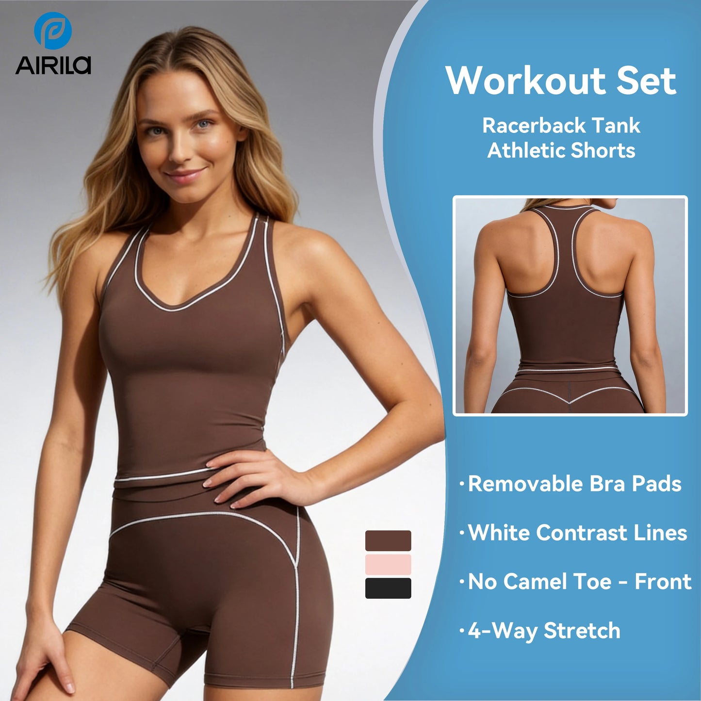 Airila 2-Piece Yoga Set, Racing Vest Yoga Shorts Outdoor Sports Shorts/Removable Pads 4-Way Stretch Fitness Shorts
