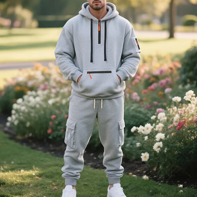Men's sports suit style autumn and winter fleece men's casual/sportswear zipper sweater multi-pocket work pants suit