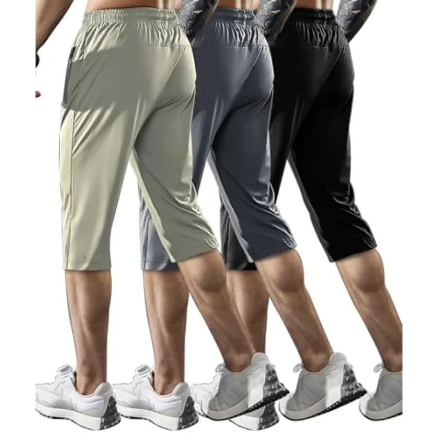 Hidkat Men's Capri Pants 3/4 Joggers Gym/Workout/Hiking Below Knee Long Shorts Lightweight Quick Dry with Zipper Pockets