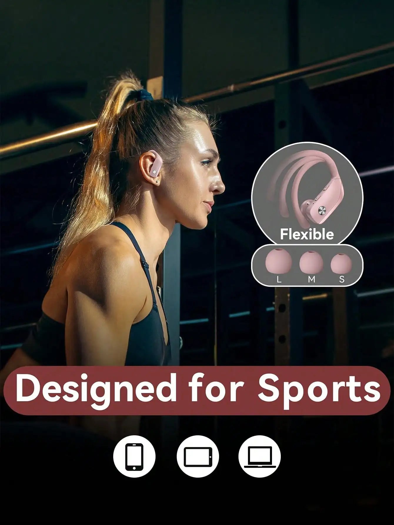 T16 Bluetooth 5.0 Ear-Hook Sports Earphones, IPX5 Waterproof ABS Earbuds/Wireless Charging Case, Dual LED Display, 48H Playtime