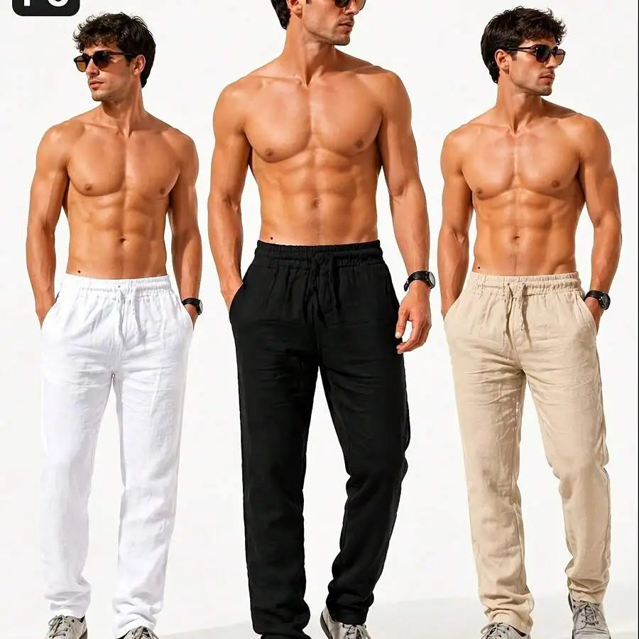 3pcs Men's Casual Summer Pants, Lightweight Breathable/Drawstring Trousers Loose Fit Solid Color Pants For Daily Wear