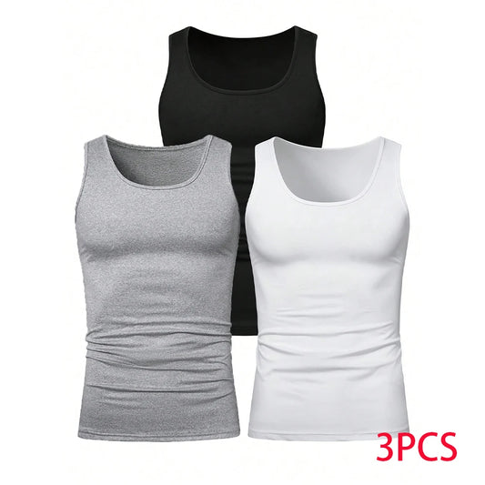 3pcs Summer Men's Sleeveless Tank Top Solid Vest Undershirts O-neck/Gym Tees Trendy Versatile Slim Fit Men Casual Vest Tops