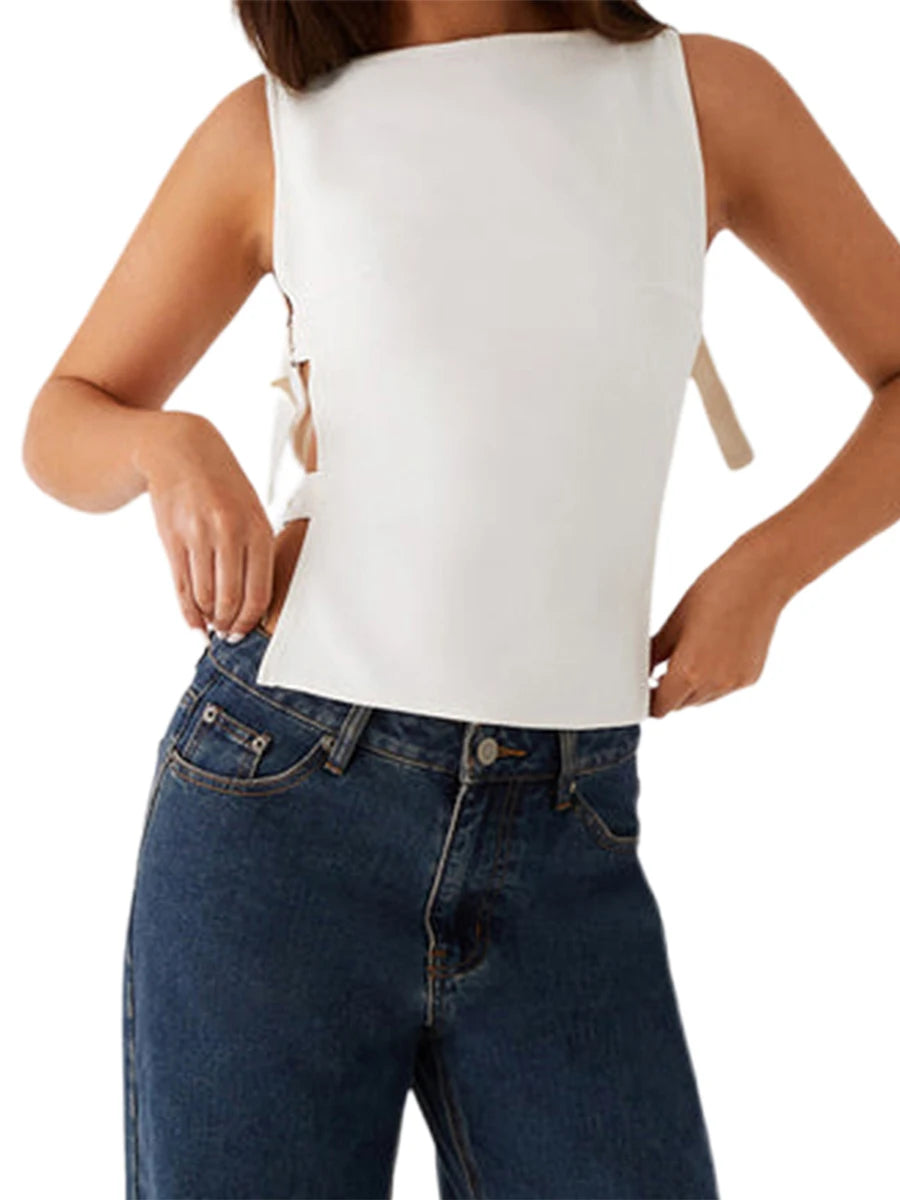 Women s Sleeveless Boat Neck Tank Tops/with Side Buckle Detail Solid Color Fit Vest for Summer Style