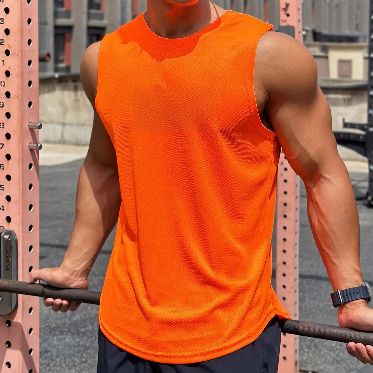 Summer New Trend Men's Pullover Round Neck Mesh Bottom Shirt/Sports Fitness Swimming Running Shirt Sleeveless Vest Quick Dry