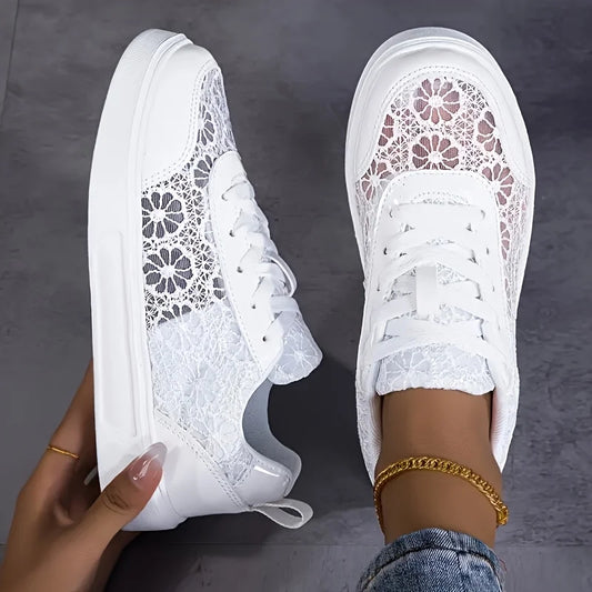 New Arrival Women Lace Mesh Platform Sneakers Floral Embroidery/Breathable Slip On Lace Up Casual Walking Shoes