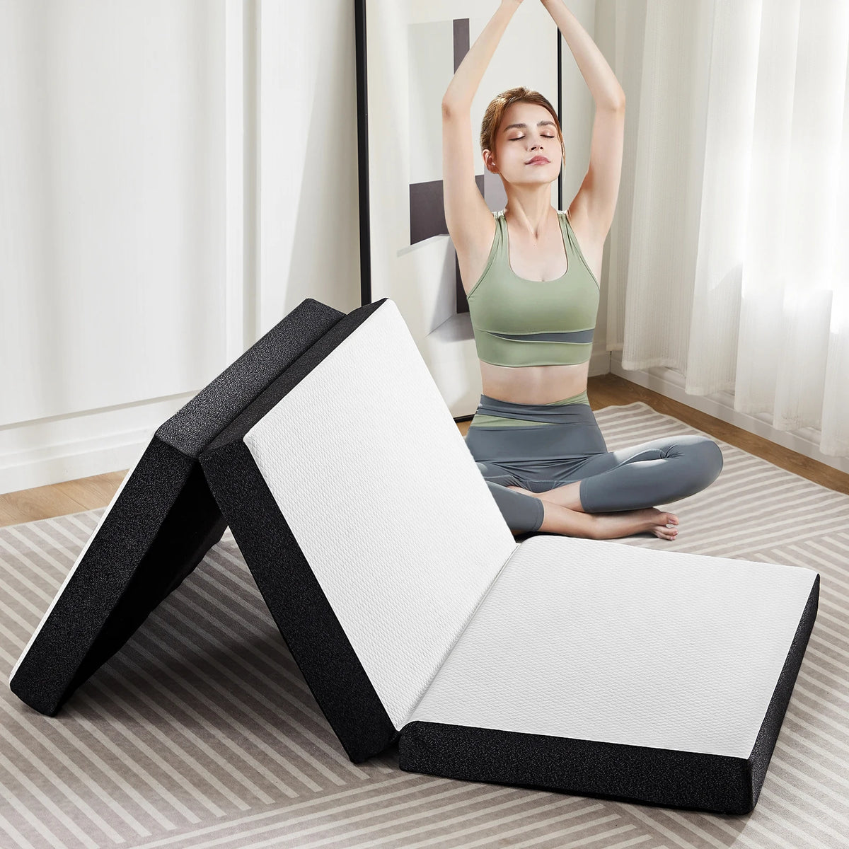 JHK 3-4Inch Soft Mattress Tri-Fold Memory Foam Mattress with Collapsible/and Washable Cover Portable Floor Bed for Travel Yoga