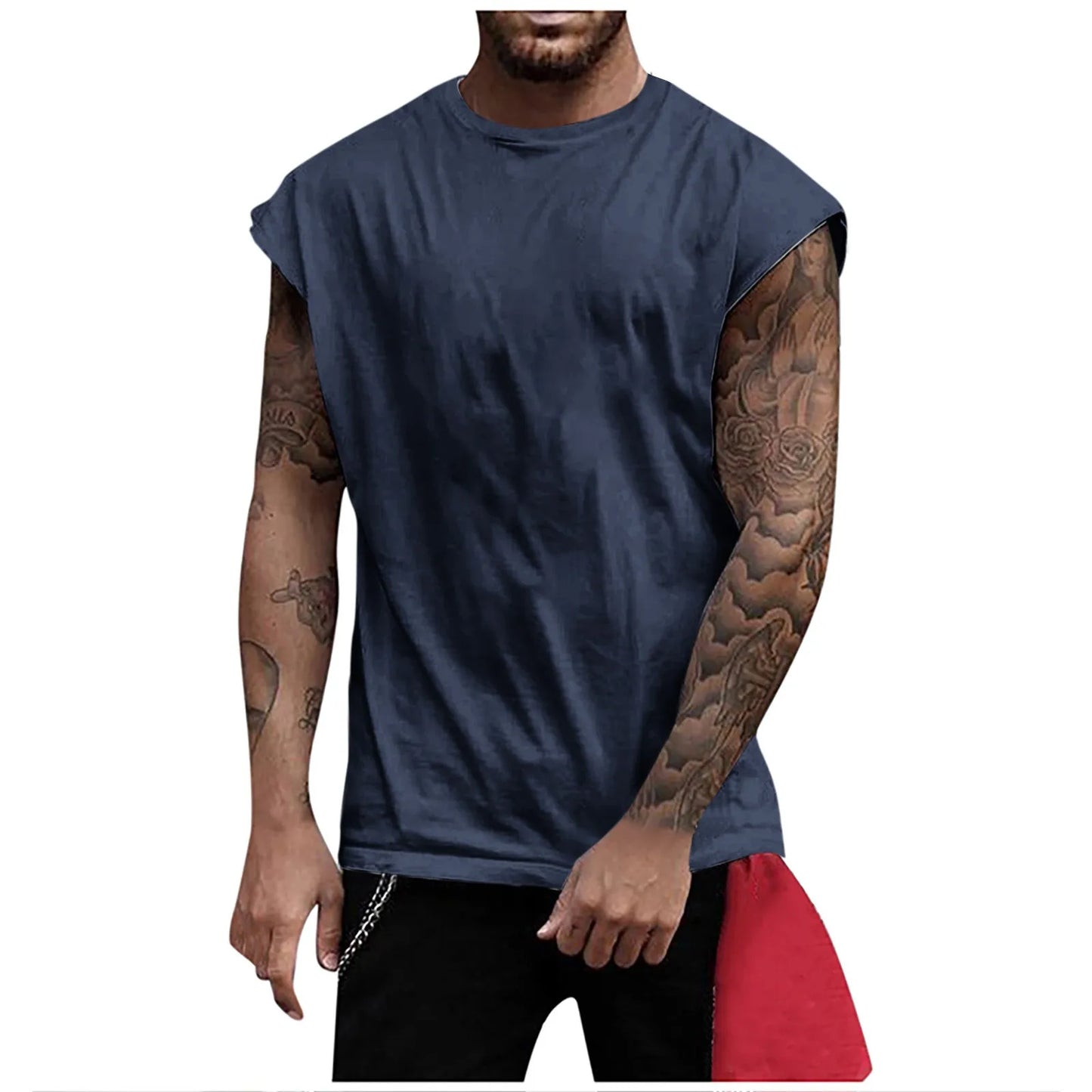 Summer Men's Solid Color Printed Sweat-Absorbing Breathable/Shoulder Expanding Sleeveless Vest Man Sleeveless Shirt