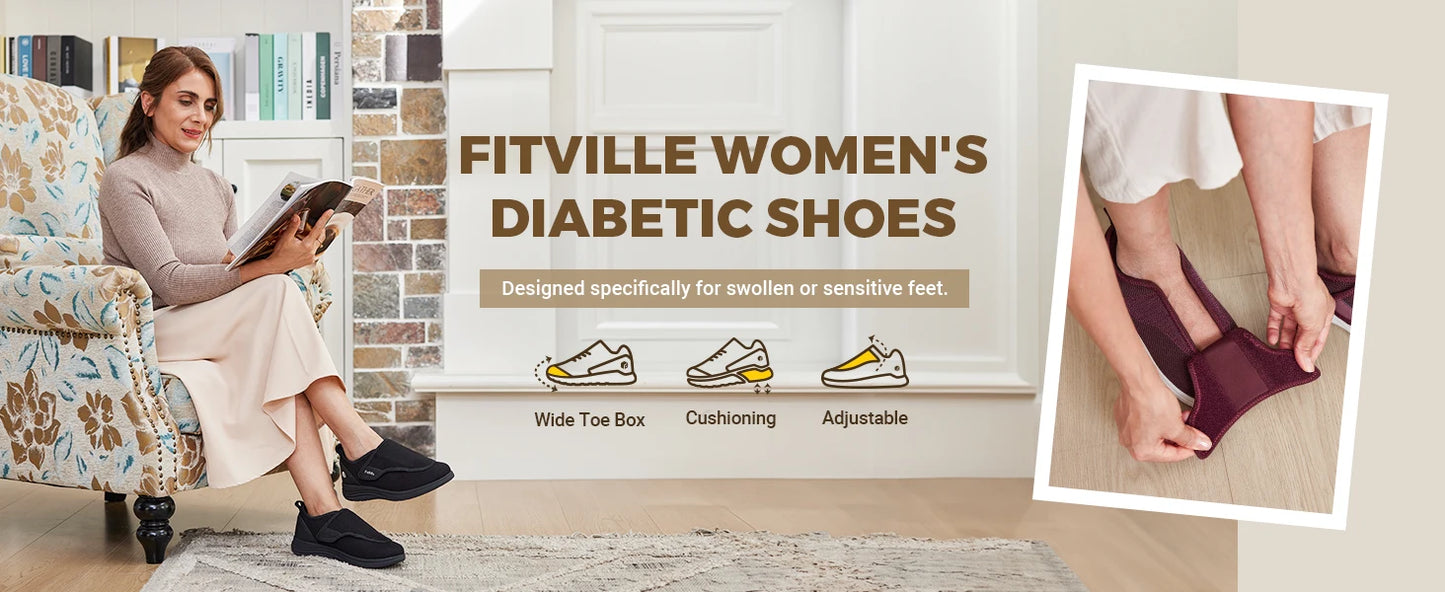FitVille Wide Women's Diabetic Walking Shoes Adjustable Orthopedic/Comfort Sneakers for Elderly Women Foot Pain Relief Footwear