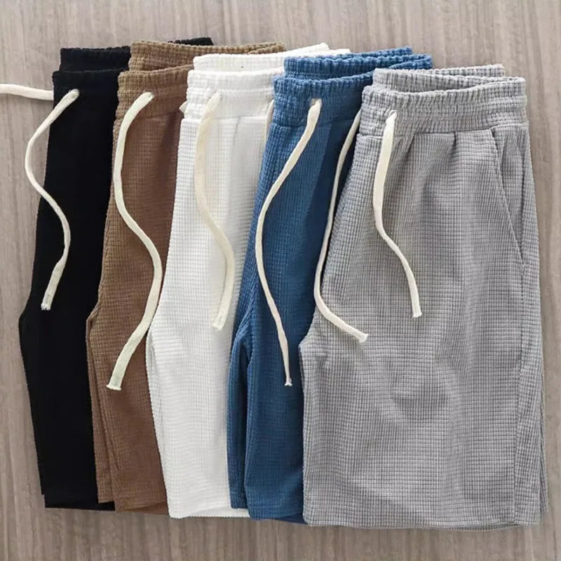 Men Shorts Solid Color Mid Waist Summer Motion Waffle Texture/Deep Crotch Drawstring Male Shorts Loose Knee Length Casual Short