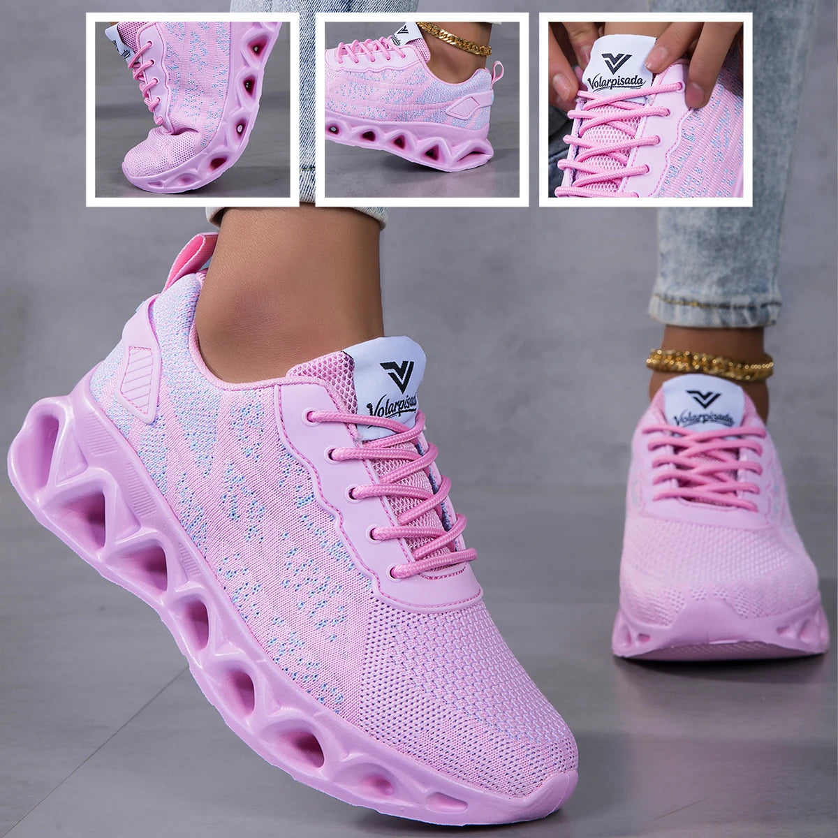 Women Breathable Flying Woven Blade Sneakers Hollow Shock Absorbing/Cushion Athletic Shoes, Lightweight Mesh Non Slip Sneaker