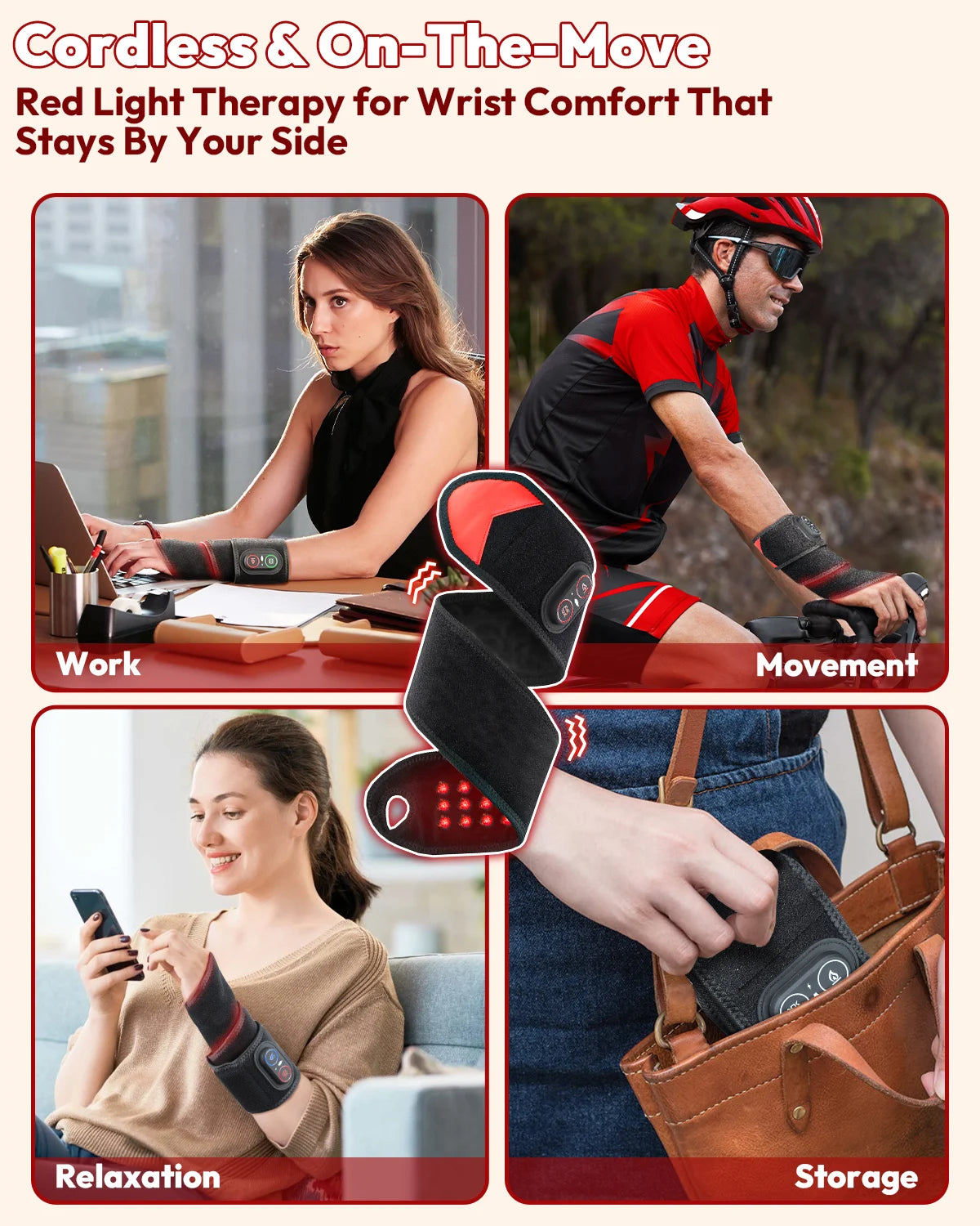 Red Light Therapy Wrap with Heat & Vibration Infrared LED Pad/for Wrist Arm Knee Pain Relief, Cordless Massager 660nm/850nm