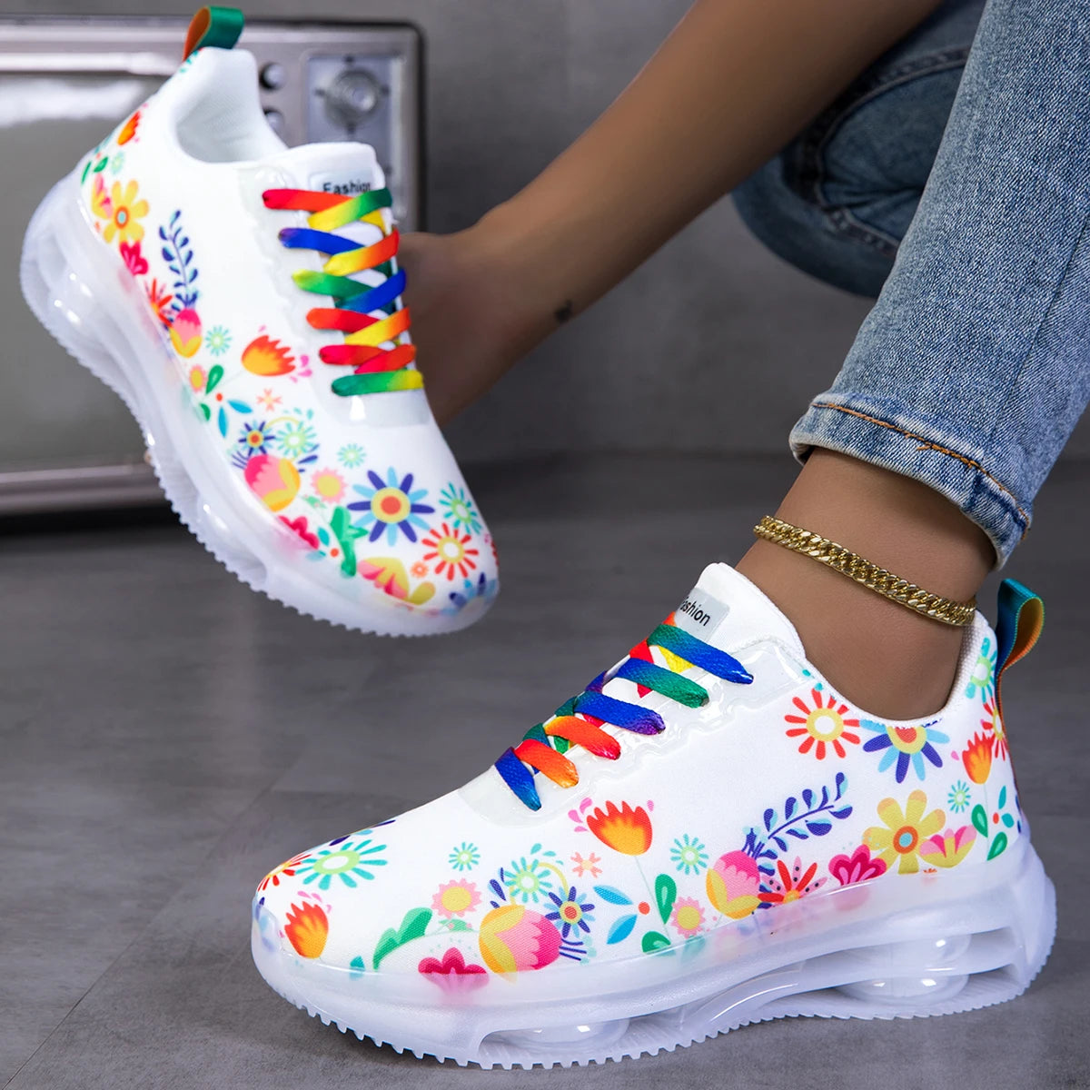 Women Floral Print Air Cushion Sneakers Colorful Rainbow Laces/Breathable Lightweight Shock Absorb Non Slip Lace Up Running Shoes