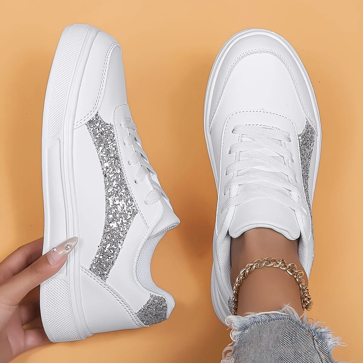 Women's Low-top Casual Sneakers, Sequin Trendy Lightweight Flat Shoes/Breathable Upper Comfortable Fashionable