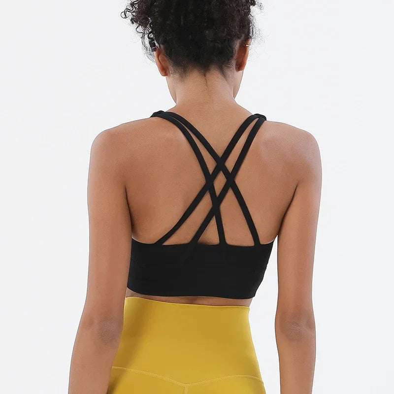 Cross Straps Sports Bra Women Gym Sports Top High Support/Fitness Bralette Yoga Vest Push Up Running Underwear With Chest Pad