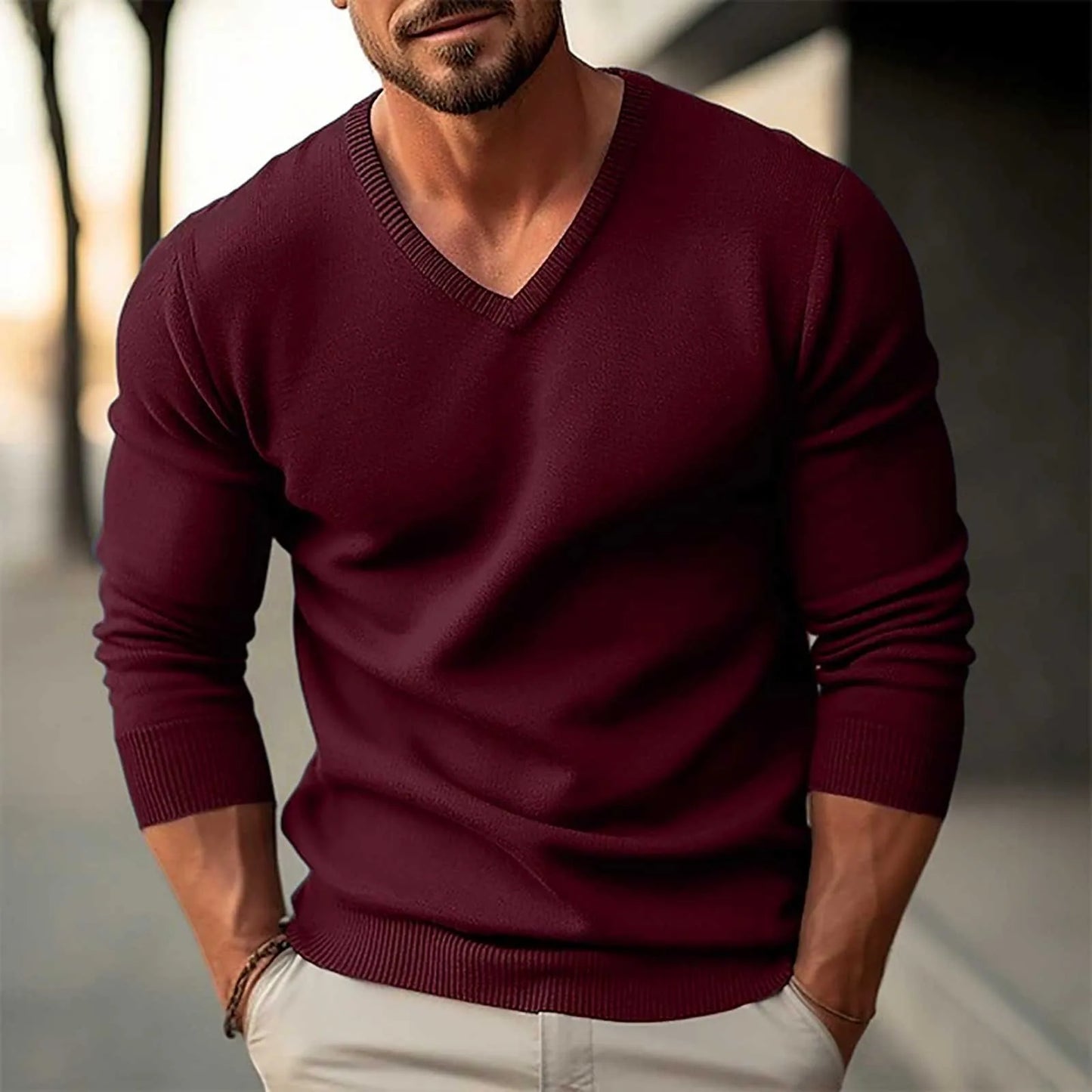 Men's Solid Color Basic Bottoming Shirts Long Sleeve V Neck/Knitted T-Shirts High-Quality Warm Slim Pullover Tops