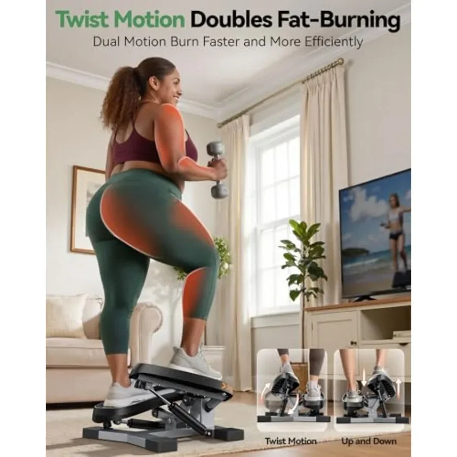Home workout stair stepper with twist/mini design steel frame/black 350lbs+ capacity and included resistance bands