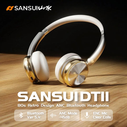 Sansui DT11 ANC Wireless Bluetooth 5.4 Headphone -45dB/Active Noise Reduction Headsets 50H Playtime Over Ear Retro Earphones