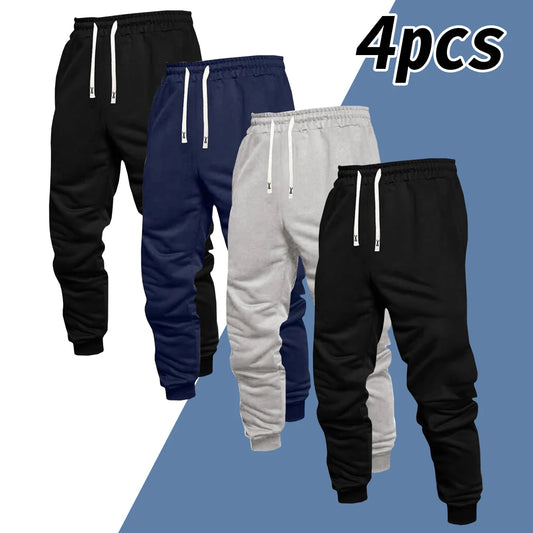 Men's 4-piece casual pants, solid color sports pants and ankle tied/outdoor jogging pants can be worn all year round
