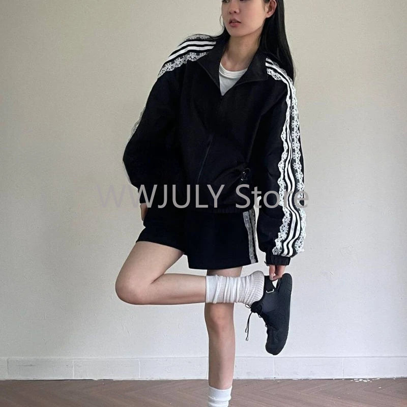 Lace Patchwork Striped Sun Protection Jacket for Women/New Korean Causal Zipper Stand Neck Cardigan Coat Top Design