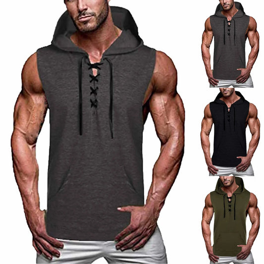 New Gyms Clothing Mens Bodybuilding Hooded Tank Top Solid/Color Sleeveless Vest Sweatshirt Fitness Workout Tank Top