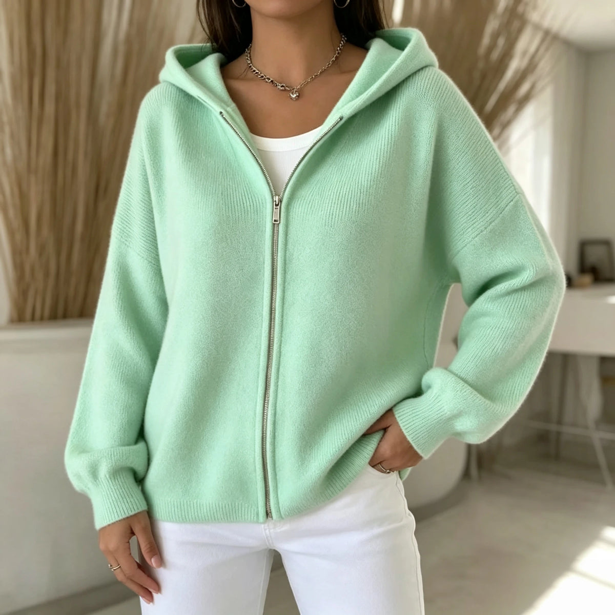 Women's Hooded Zip Up Knit Cardigan, Casual Long Sleeve Loose Sweater/Jacket With Pockets Fall Winter Solid Color Outwear