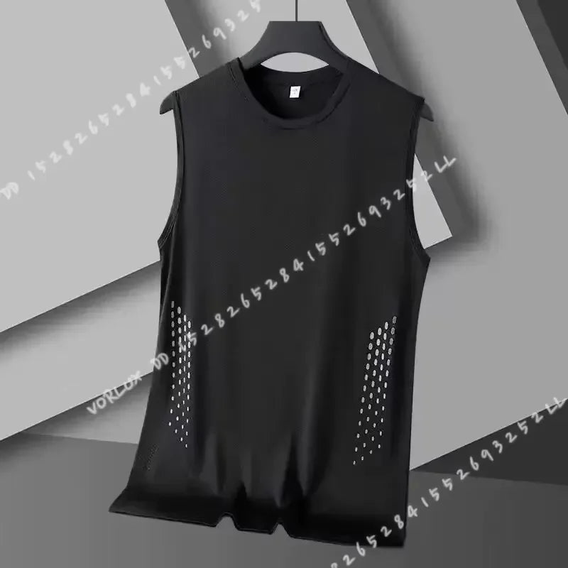 Men Summer Mesh Sleeveless Vest Ice Silk Printed Round Neck/Loose Running Fitness Tank Top Breathable Athletic