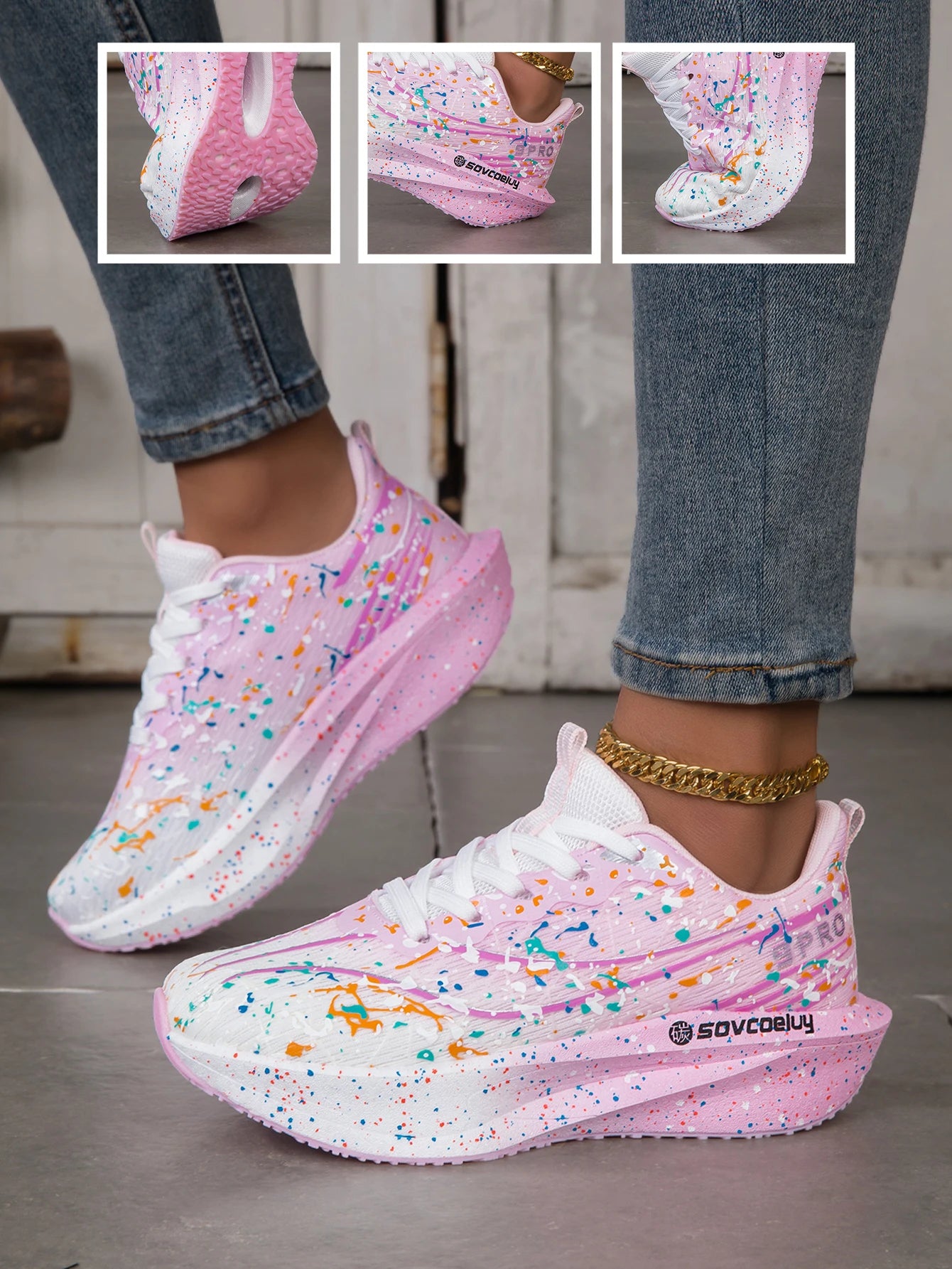 Women Splatter Paint Gradient Running Sneakers Breathable Flying Weave/Mesh Lightweight Shock Absorb Non Slip Fashion Athletic