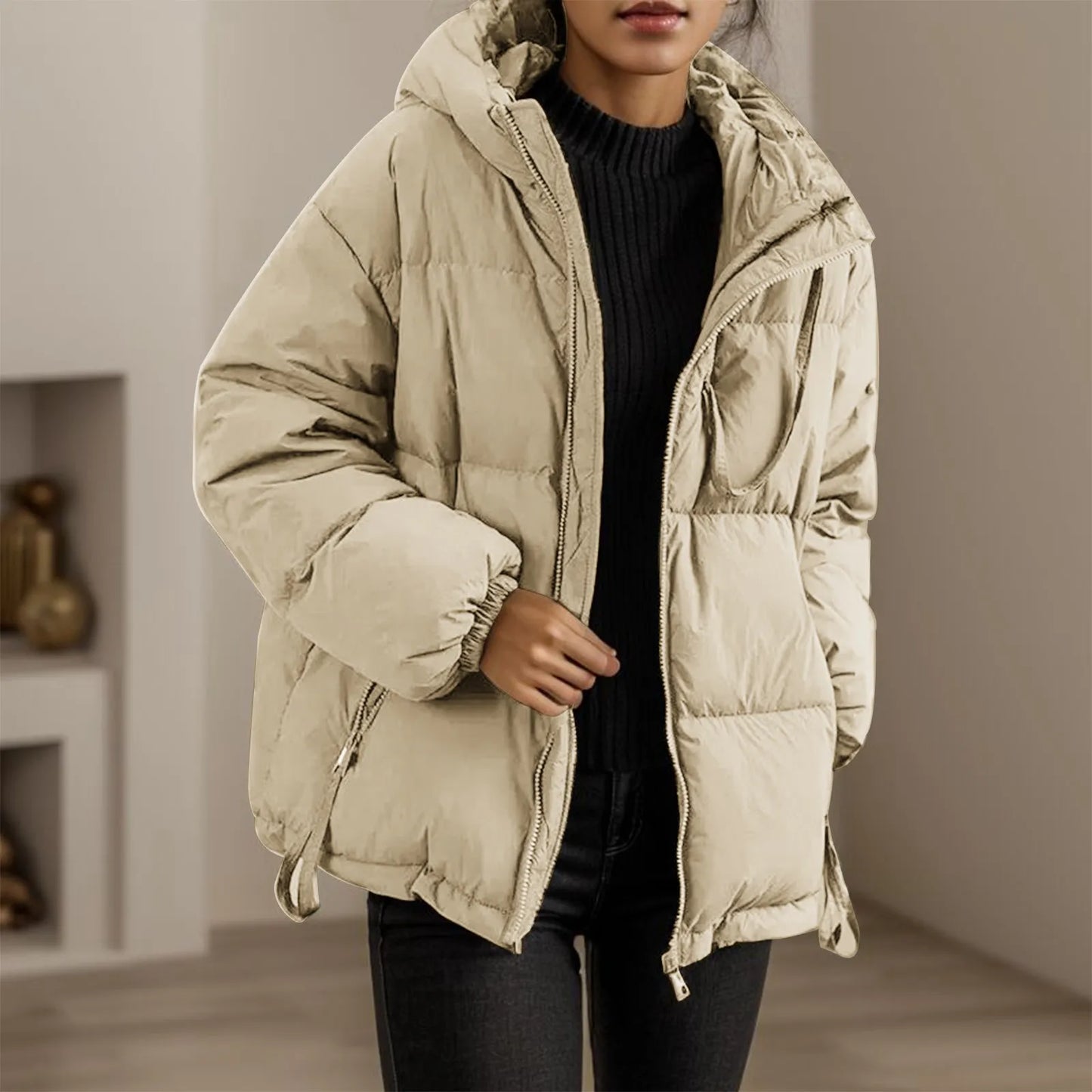 Women's Solid Color Jacket Hood Zip Up Winter Warm Cotton Padded/Coat Women Plus Size Jackets Black Oversize