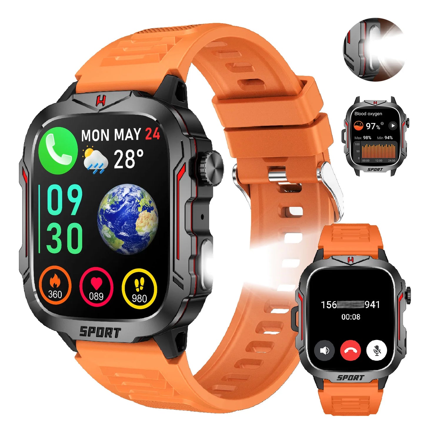 Strong Flashlight Smart Watch for Men/Women, 1.96'' Screen Fitness Tracker/with AI Voice Assistant/ Bluetooth Call/ 100+Sports